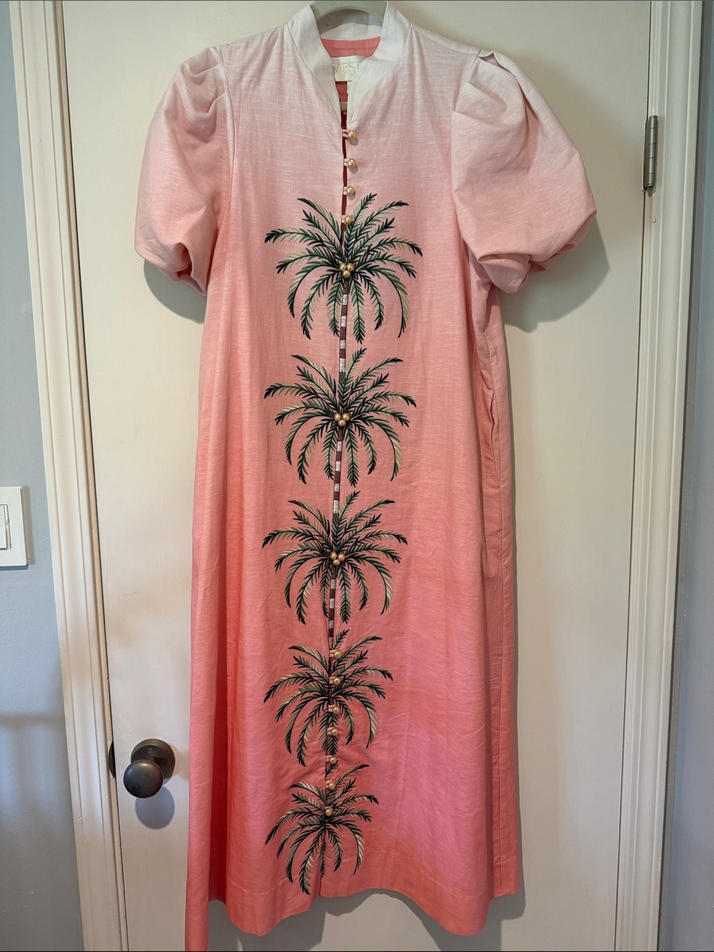 Mestiza Elliana Pink Palm Embroidered Linen Blend Midi Dress